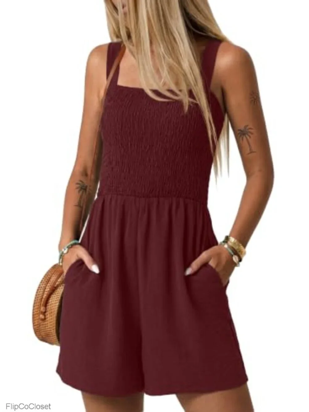 Women's Smocked Square Neck Romper with Pockets Casual Summer Jumpsuit